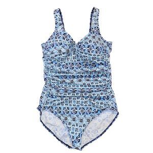 Womans Talbots Marina Shibori Shells Swimsuit Blue White Size 14